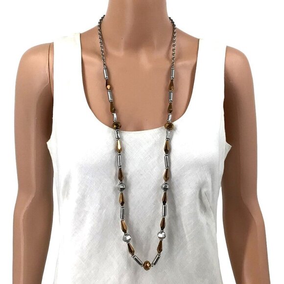 C 1946 Long Beaded Necklace Silver Tone Brown - Picture 1 of 2